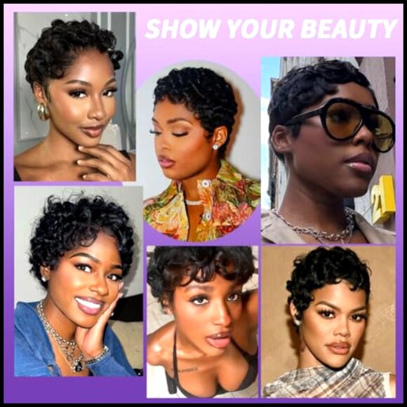 Short Curly Human Hair Pixie Cut Wig Glueless Machine Made Adjustable Cap main image 5